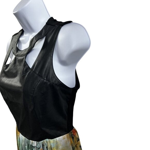 Black M Vegan Leather Cutout Floral Chiffon Maxi Sleeveless Dress Feminine Edgy - Picture 12 of 15